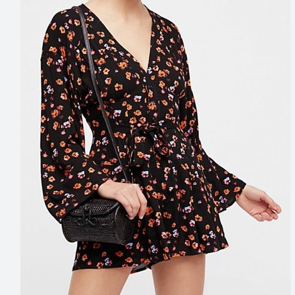 Free People L'amour Printed Romper In Black Combo Size 0